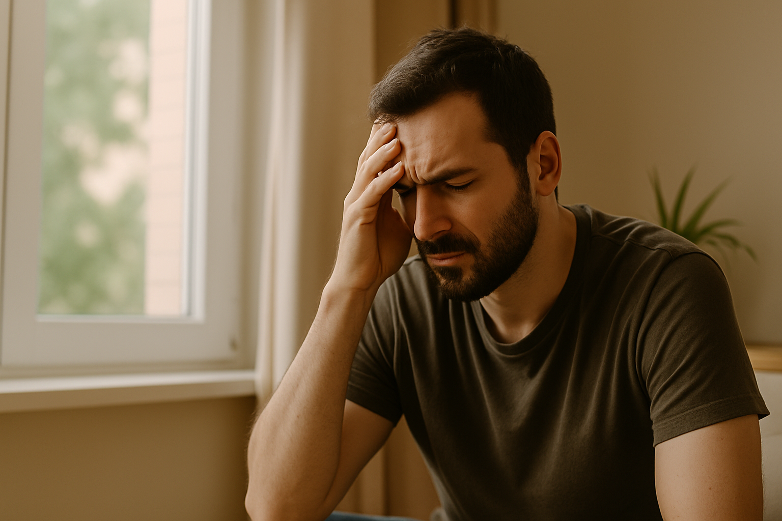 Hombre reflexivo en su casa